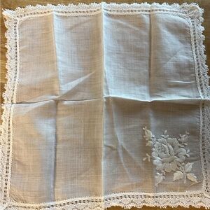 Vintage Handkerchief with Rose Embroidered and Lace